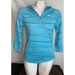 Nike Dri-Fit Hooded Turquoise Stripe T-Shirt Top Size Small Womens 3/4 Sleeve